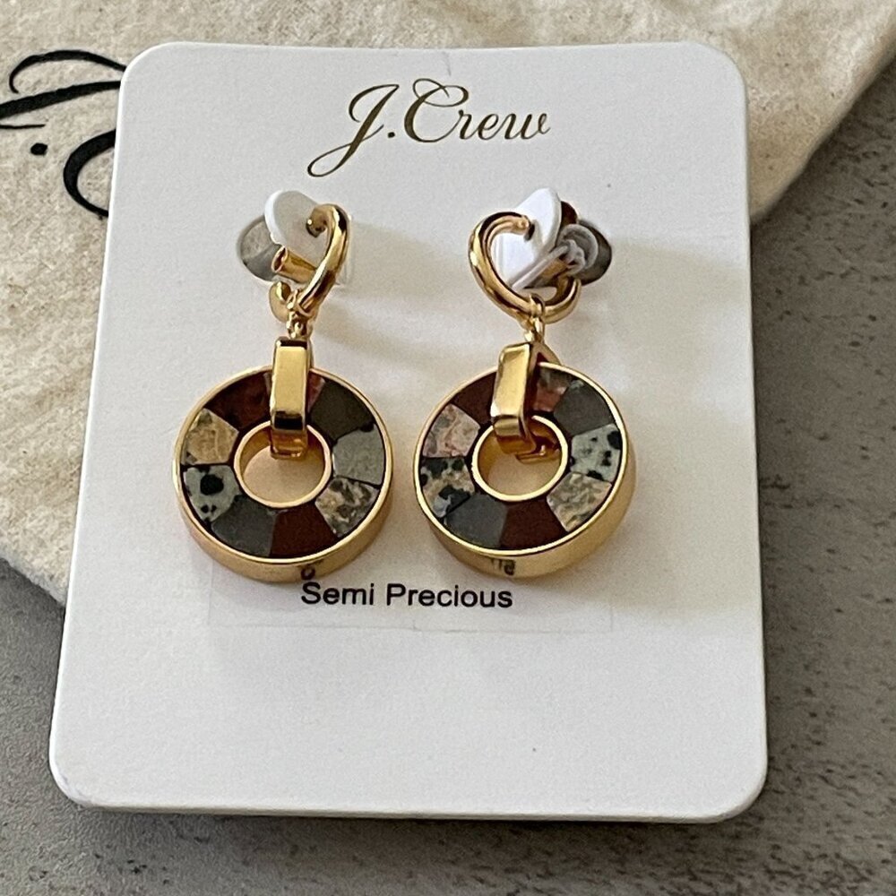 NWT J. Crew Semiprecious Stone Gold Plated Hoop Drop Pierced Earrings Dust Bag